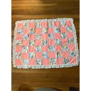 Handmade vintage baby quilt art deco peach blue eyelet